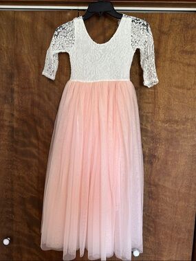 White Lace Top Pink Tulle Maxi Dress